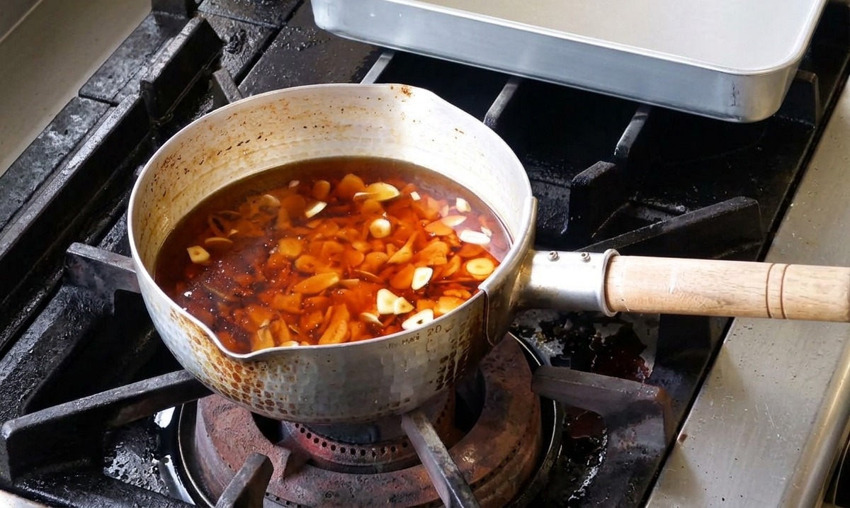 Láminas de ajo crudo en una mezcla de aceite frío dentro de una pequeña olla metálica sobre la estufa.