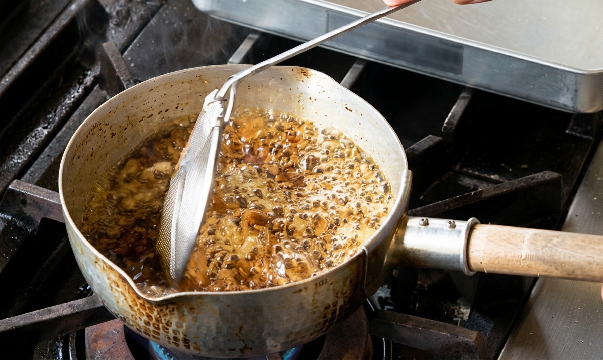Aceite caliente burbujeando en una olla con láminas de ajo friéndose, removidas suavemente con un espumadero.