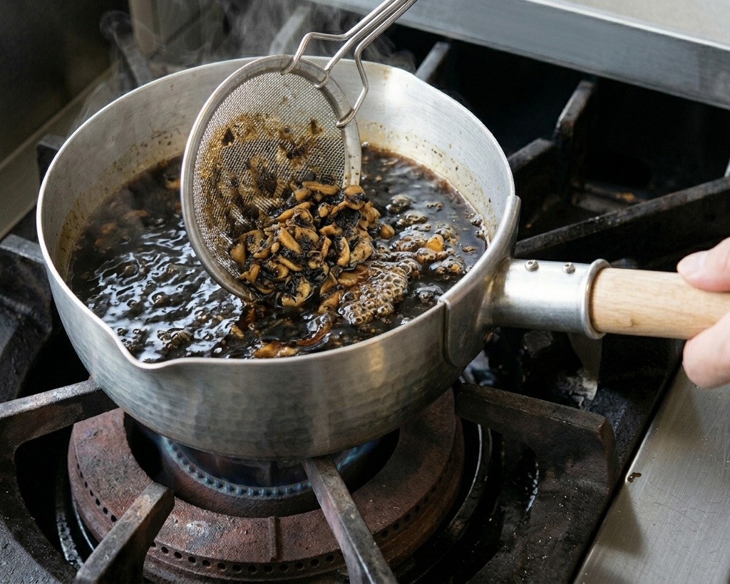 Un espumadero levantando una tanda de láminas de ajo tostado de color marrón claro del aceite caliente.
