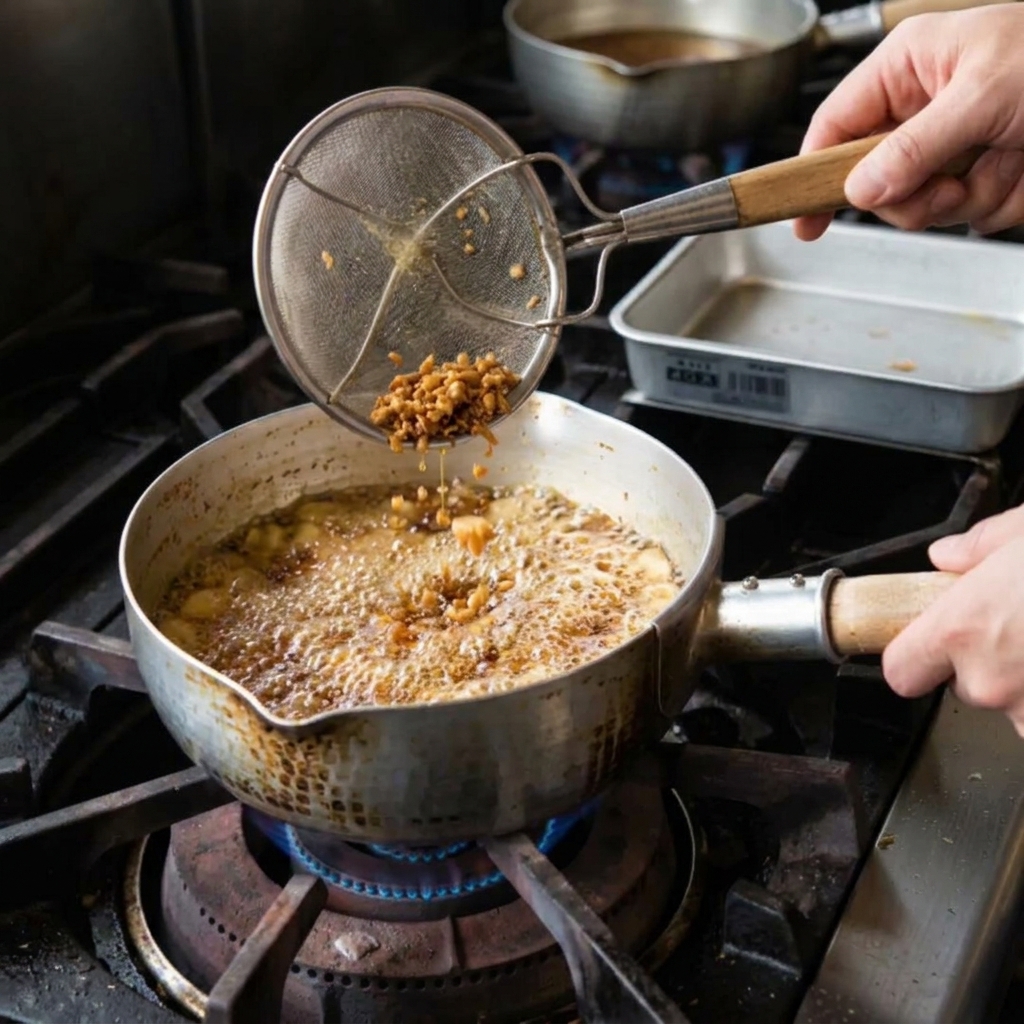 Un espumadero de metal retirando trozos de ajo frito de color marrón oscuro de una olla con aceite hirviendo.
