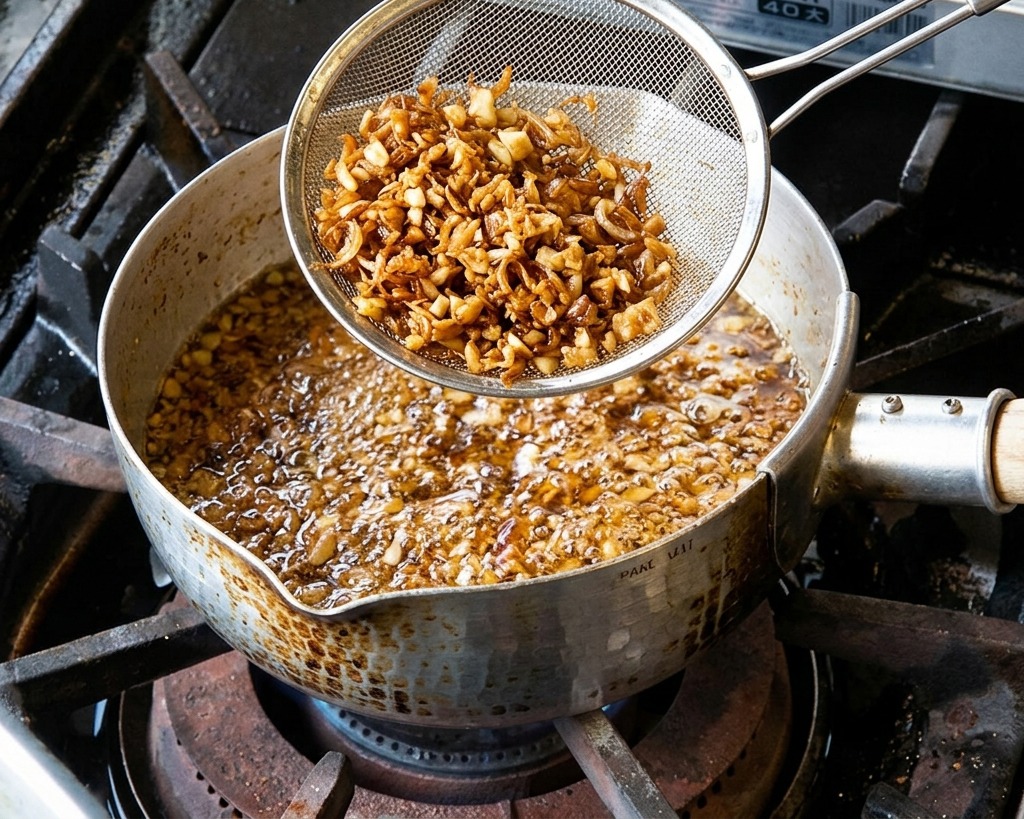 Un espumadero con una tanda de láminas de ajo profundamente tostadas, casi negras, sobre el aceite burbujeante.