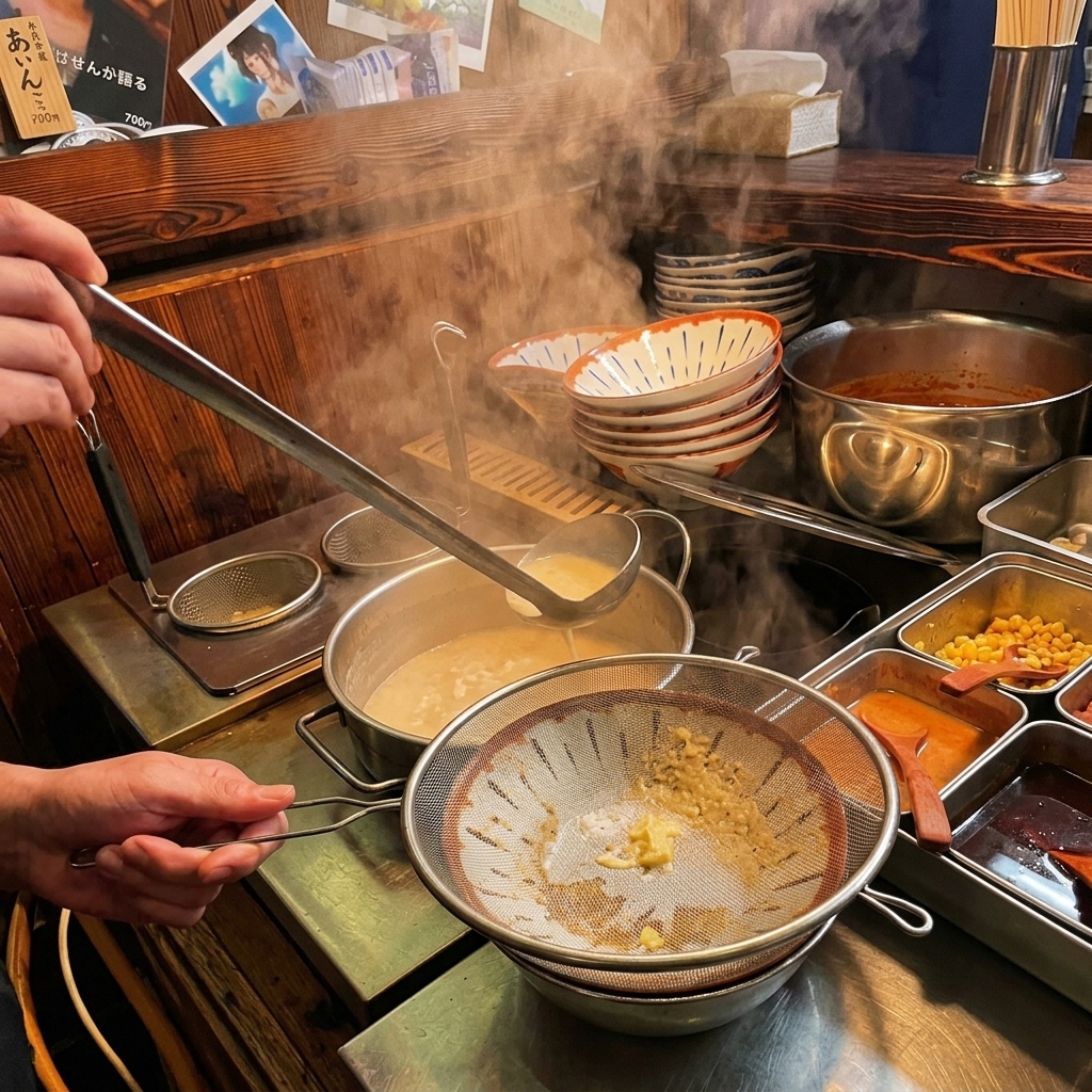 Añadiendo caldo de ramen cremoso y caliente a través de un colador fino directamente en el bol de servicio.
