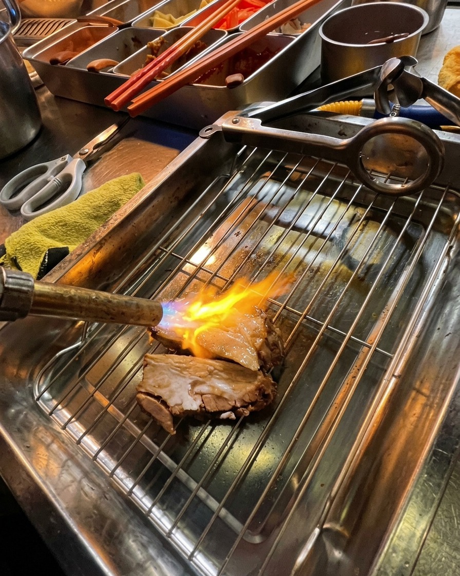 Usando un soplete de cocina para sellar rodajas gruesas de cerdo chashu sobre una rejilla metálica.
