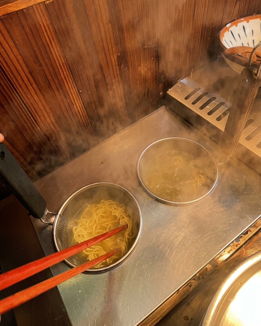 Palillos rojos removiendo fideos ramen frescos mientras se cuecen dentro de una cesta metálica.