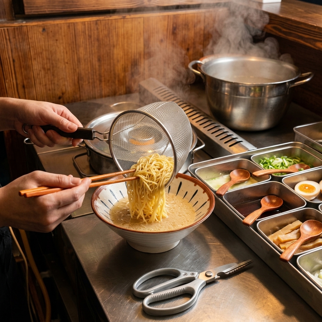 Manos de cocinero guiando los fideos ramen calientes desde el colador al bol de sopa con palillos.