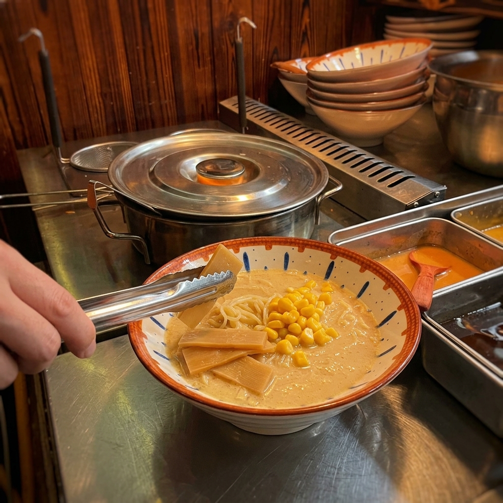 Pinzas metálicas colocando trozos rectangulares de bambú sazonado en un bol de ramen.