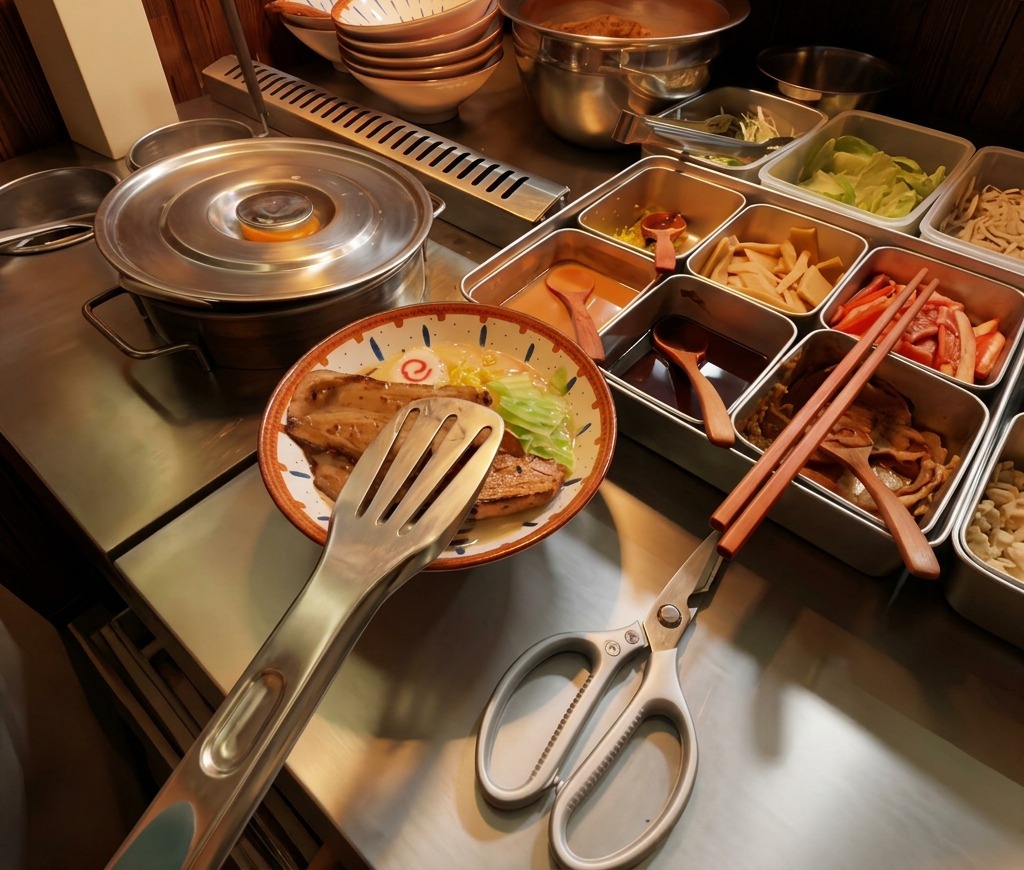 Pinzas metálicas colocando rodajas grandes de chashu flambeado en un bol de ramen.