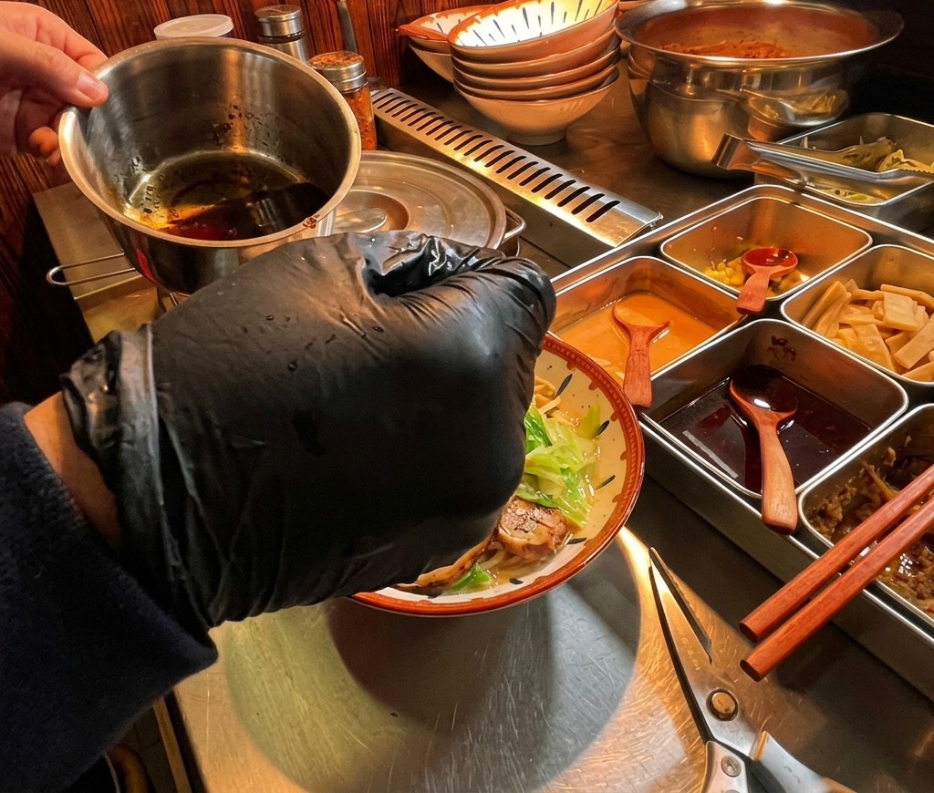 Una mano con guante vertiendo aceite de ajo negro desde un recipiente metálico sobre el ramen.
