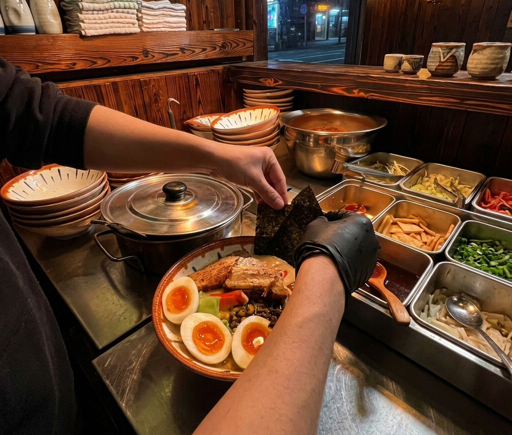 Manos colocando una hoja de alga nori seca en el borde de un bol de ramen recién montado.