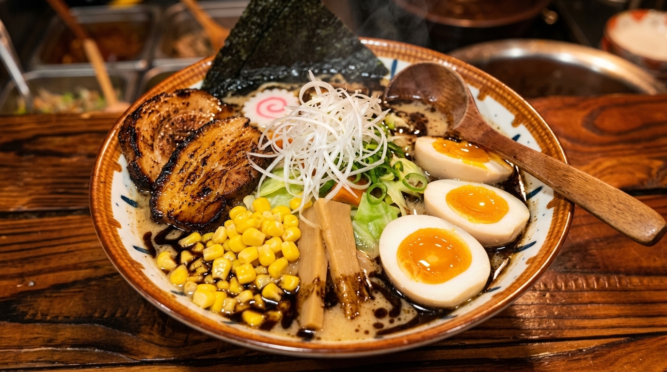 Ramen Tonkotsu con Aceite de Ajo Negro y Chashu de Corte Grueso
