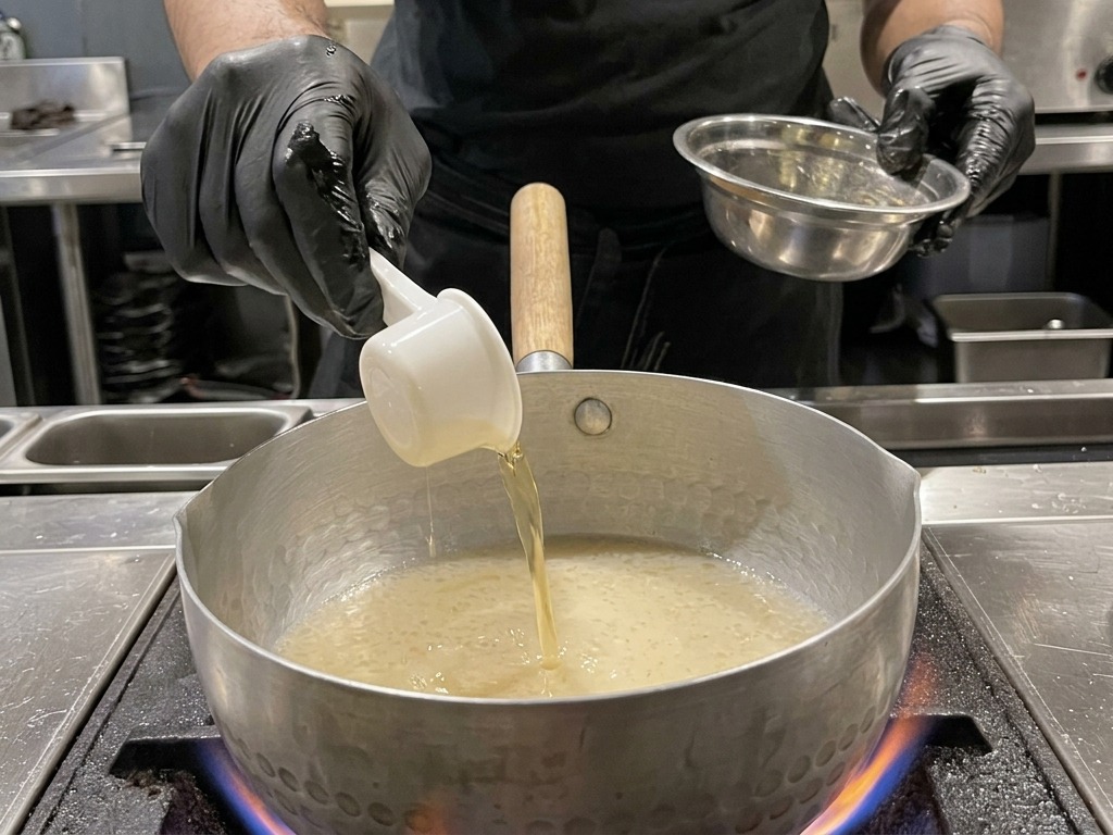 Cocinero vertiendo aceite de sésamo desde una taza medidora en una olla con caldo hirviendo.