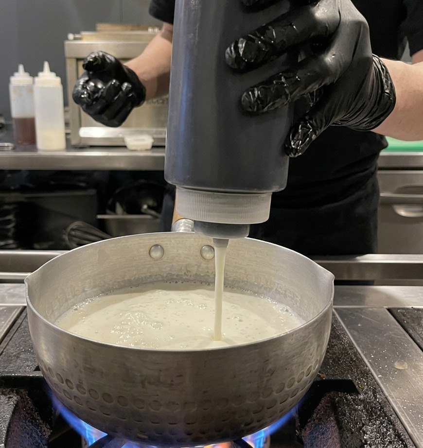 Un envase de plástico dispensando un aderezo espeso en una olla de caldo claro.