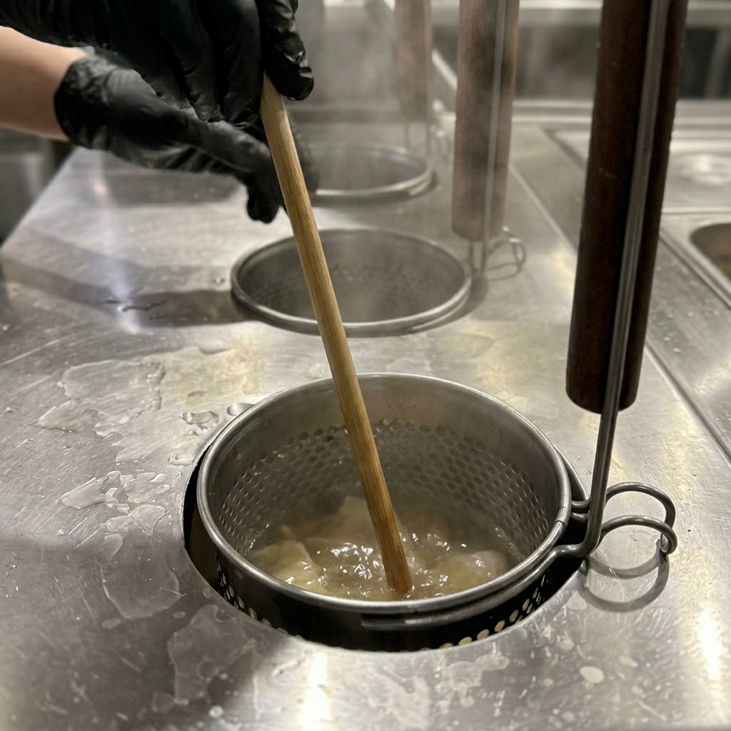Palillos largos de madera removiendo fideos amarillos dentro de un colador en agua hirviendo.