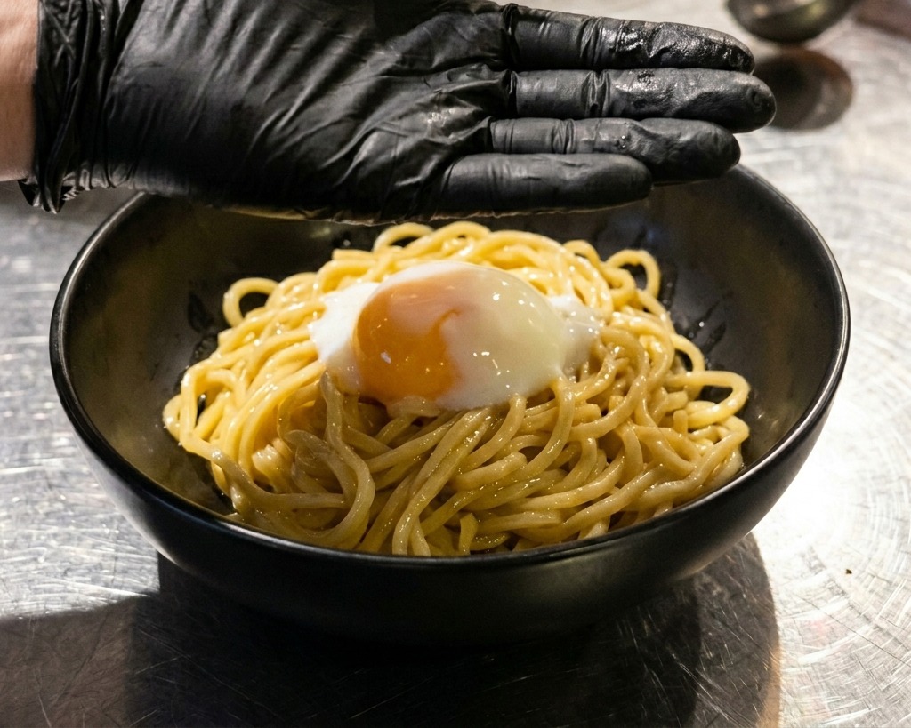Un huevo cocido en el centro de una cama de fideos amarillos en un bol negro.
