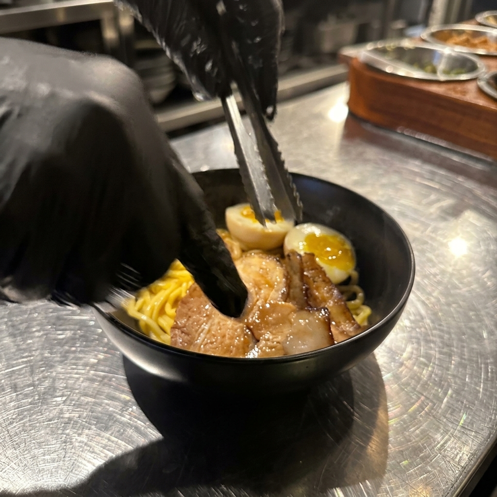Una mano usando pinzas para colocar lonchas de cerdo chashu sobre los fideos.