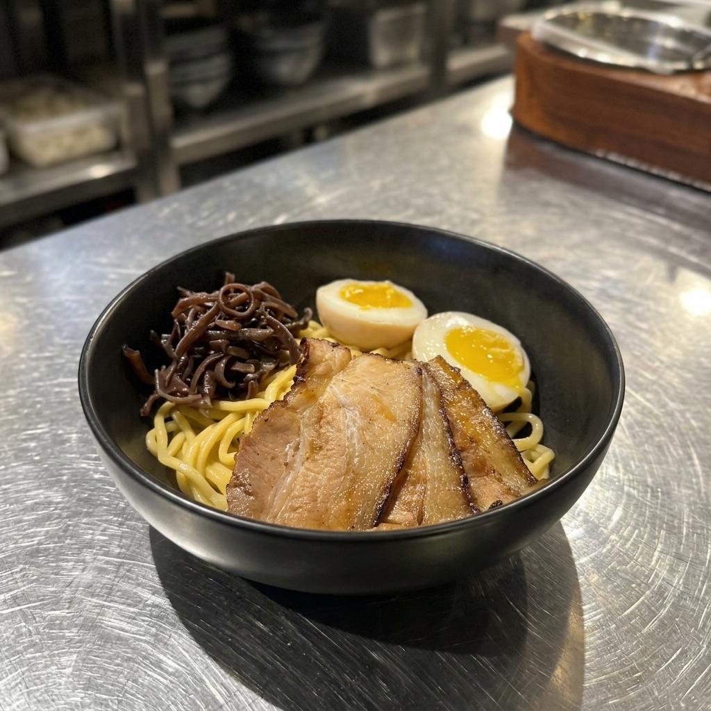 Un bol de mazesoba decorado con chashu, huevo y setas oreja de madera picadas.