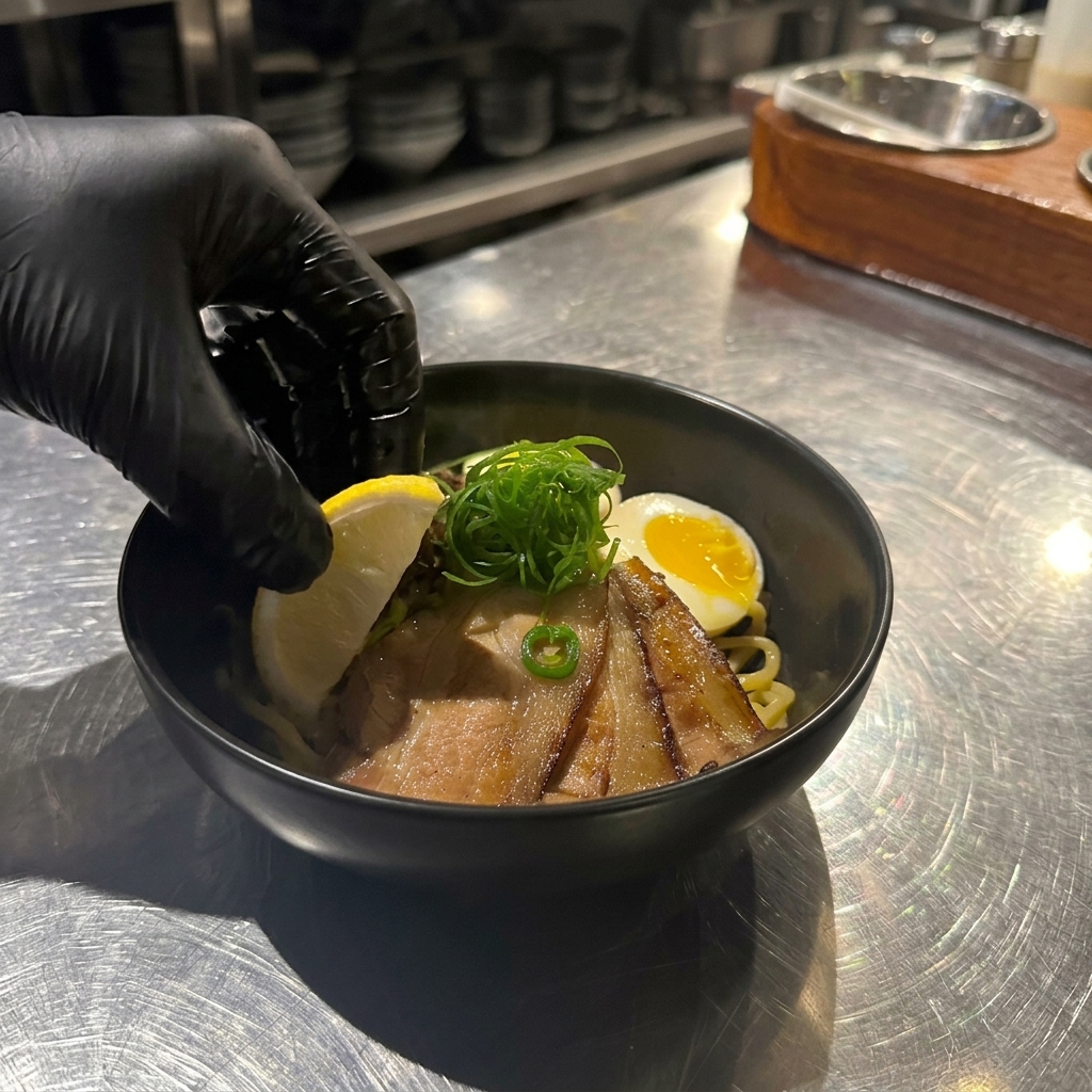 Una mano colocando una rodaja de limón al borde de un bol de mazesoba.