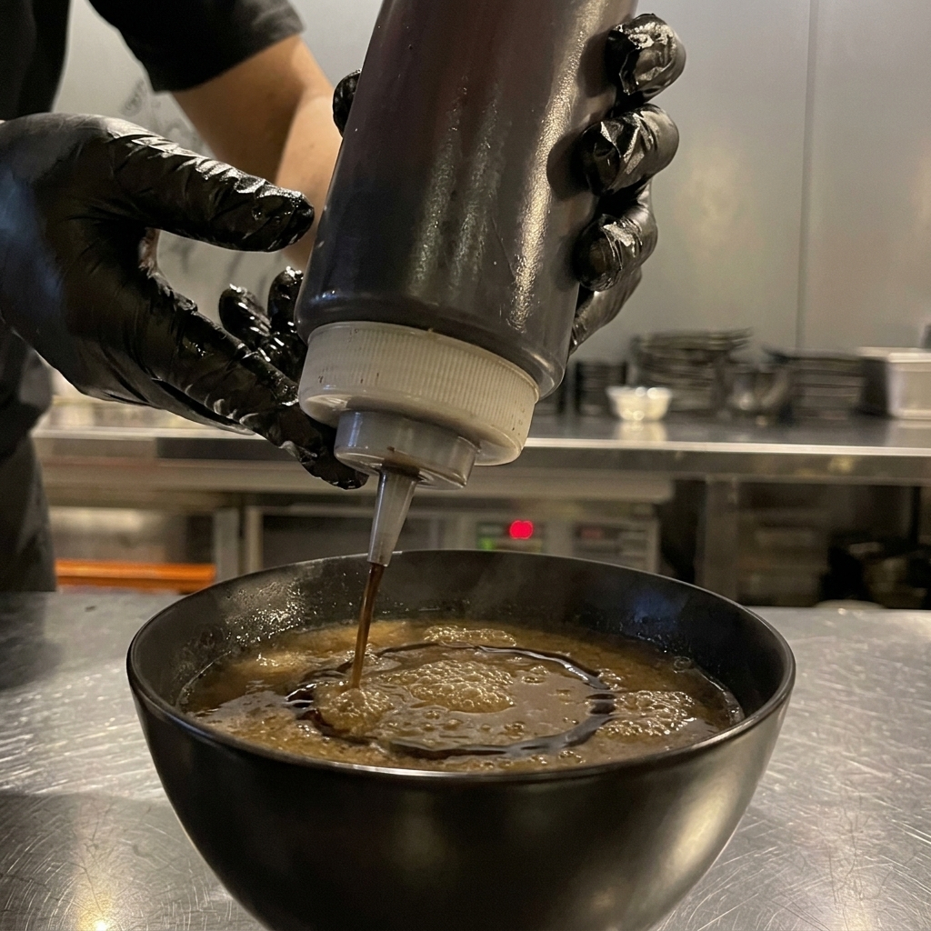 Manos vertiendo un chorro de jugo de ajo negro sobre un cuenco de caldo caliente.