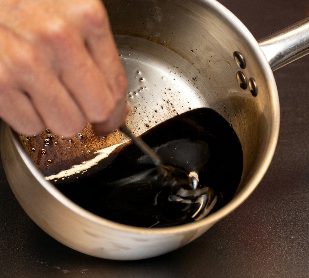 Una mezcla oscura de dientes de ajo carbonizados y aceite en una pequeña olla de metal siendo removida con una cuchara.