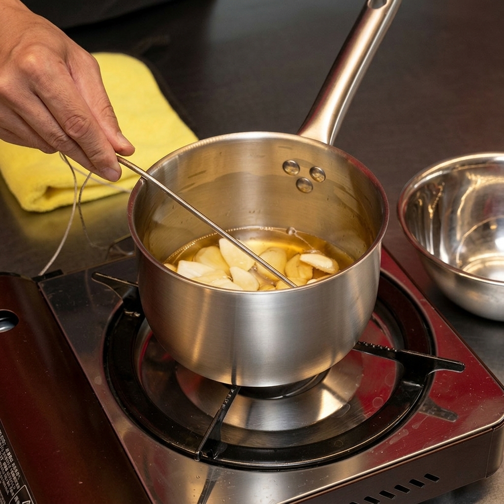 Dientes de ajo enteros friéndose lentamente en una olla pequeña con manteca de cerdo caliente.