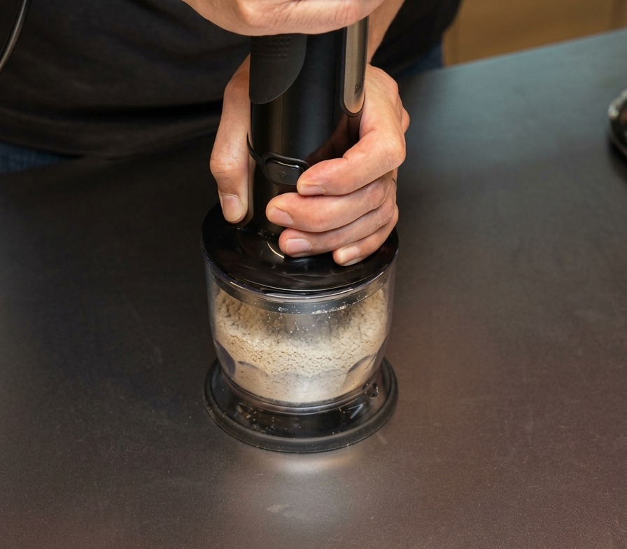 Manos operando una batidora de inmersión para triturar los ingredientes en un vaso batidor transparente.
