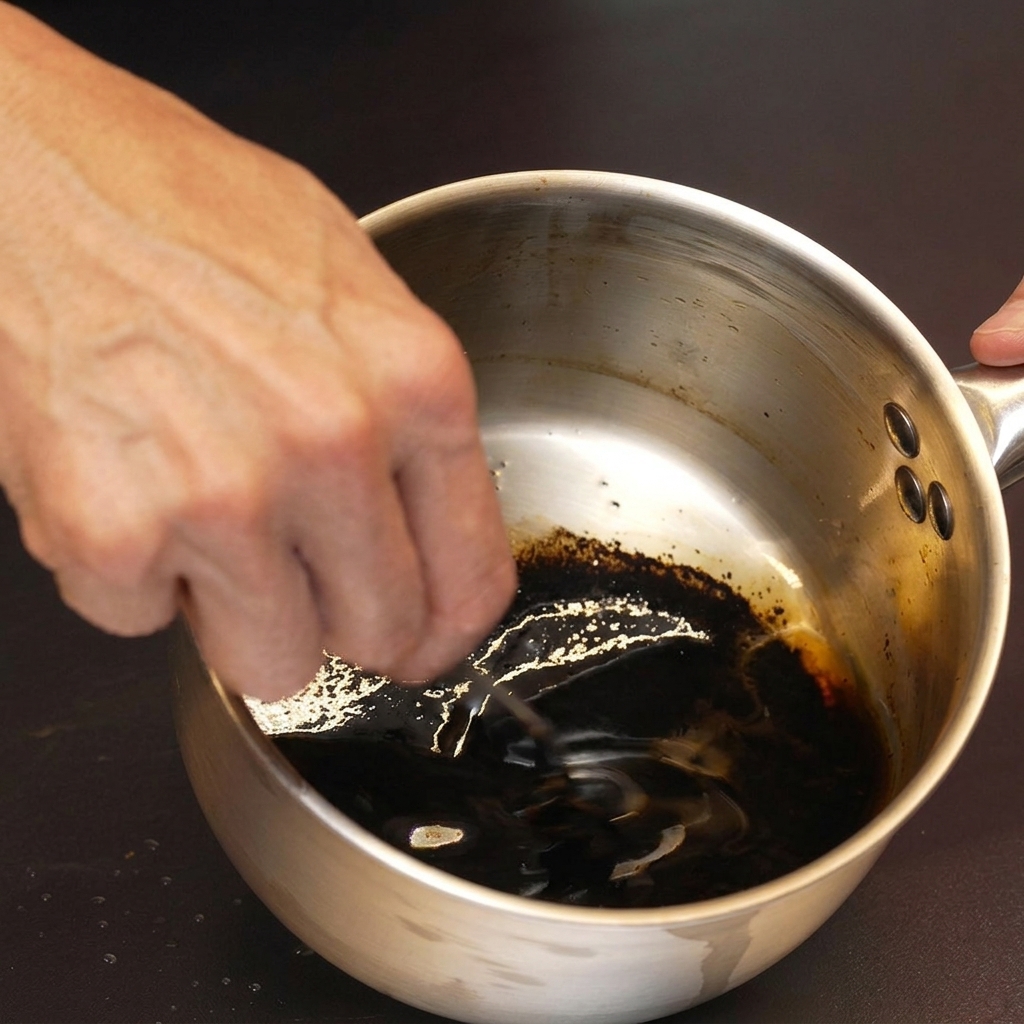 Una mano removiendo el aceite de ajo negro brillante en un cazo con una cuchara.