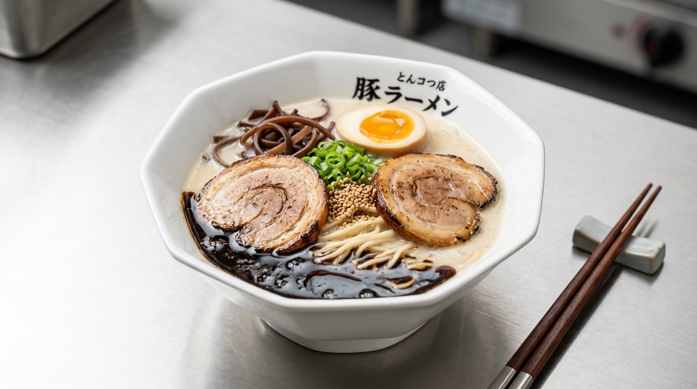 Un tazón de rico ramen tonkotsu terminado con un generoso chorrito de aceite de ajo negro oscuro y ahumado.