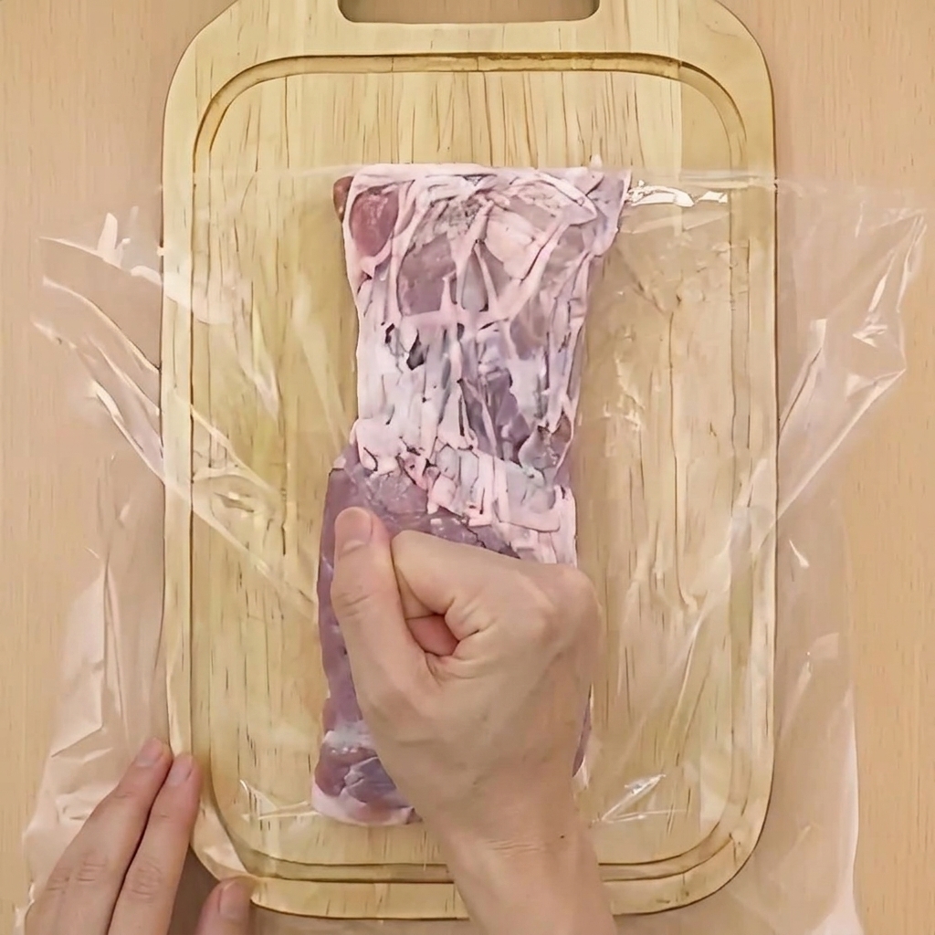 Un puño golpeando un bloque de panceta de cerdo cruda cubierto con film transparente sobre una tabla de madera.