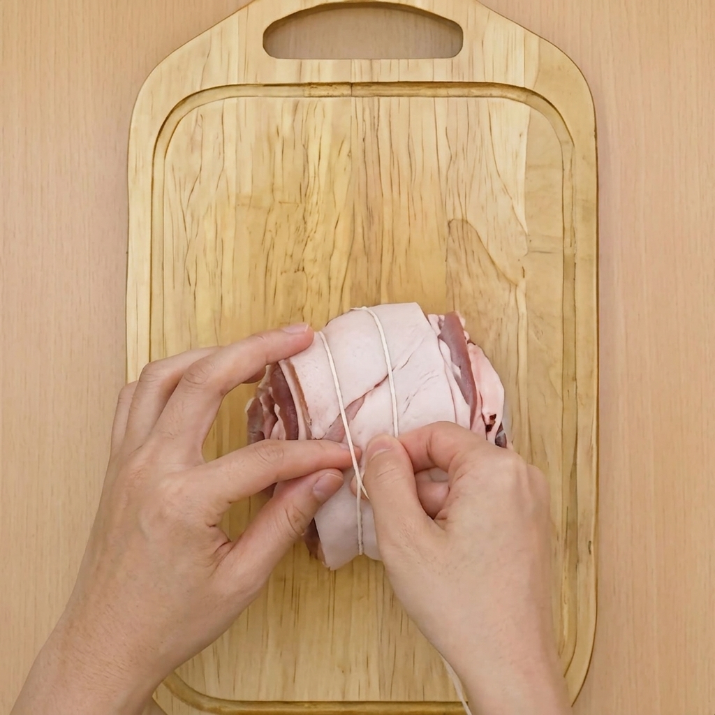 Manos usando hilo de carnicero blanco para atar de forma segura un rollo de panceta de cerdo cruda.