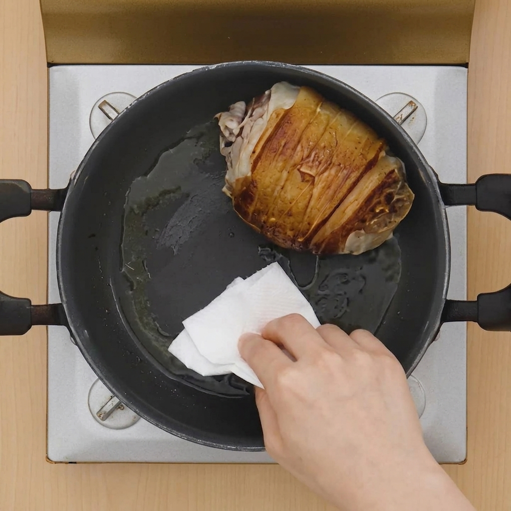 Una mano usando papel de cocina para limpiar el exceso de aceite y grasa de la olla que contiene el cerdo sellado.