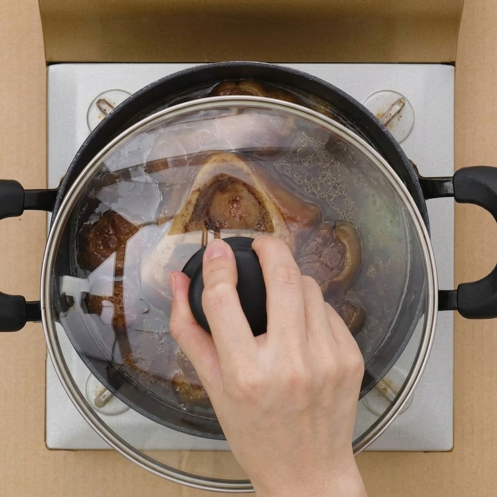 Una mano colocando una tapa de cristal sobre la olla donde se cocina el cerdo chashu.