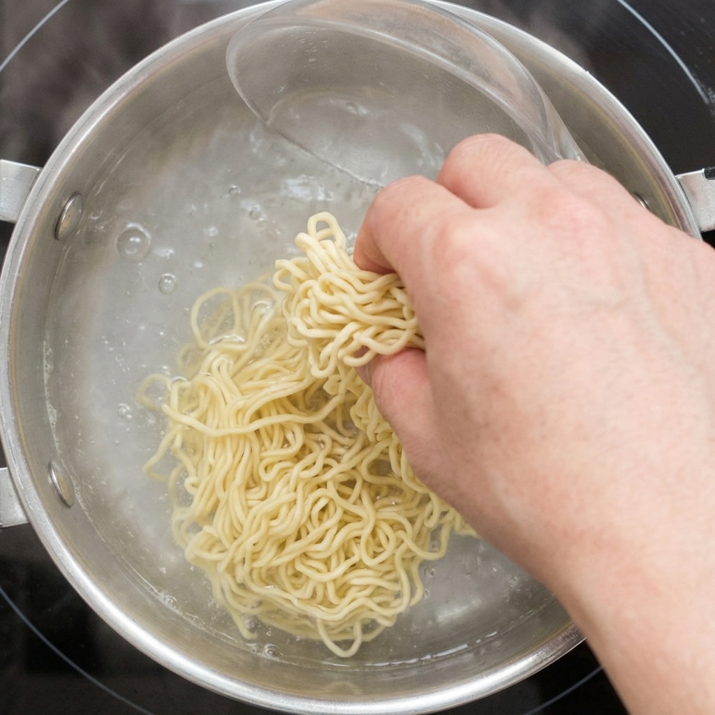 Una mano dejando caer fideos ramen amarillos en una olla con agua hirviendo.