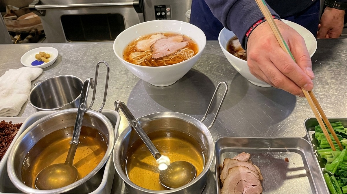 Mano de cocinero usando palillos cerca de una bandeja de espinacas escaldadas junto a un cuenco de ramen.