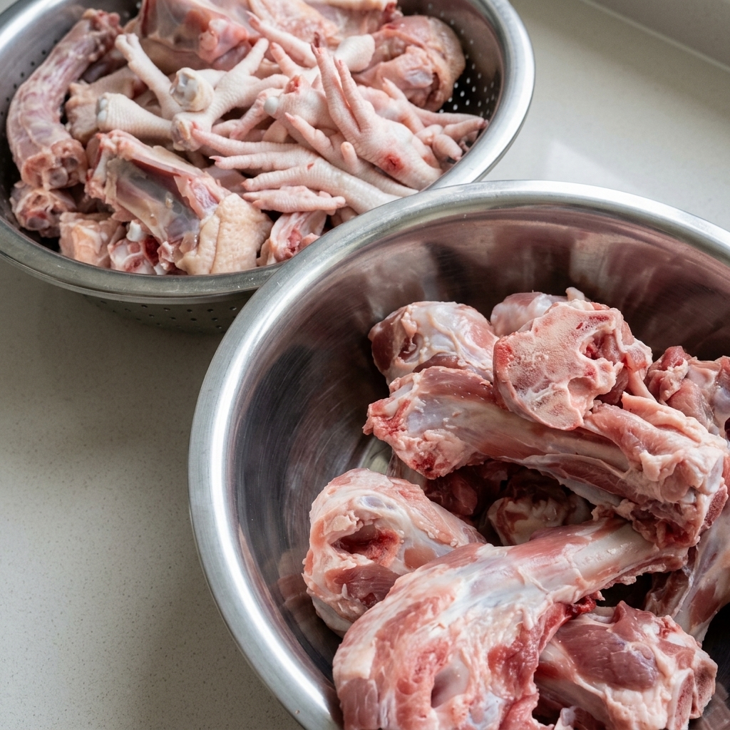 Piezas de pollo crudo y huesos de cerdo dispuestos en dos cuencos de acero inoxidable.
