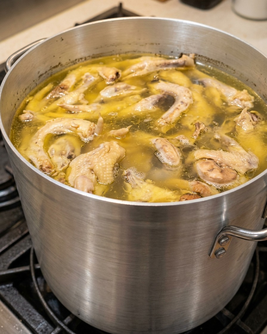 Huesos de pollo y cerdo hirviendo en una olla grande con impurezas flotando en la superficie.
