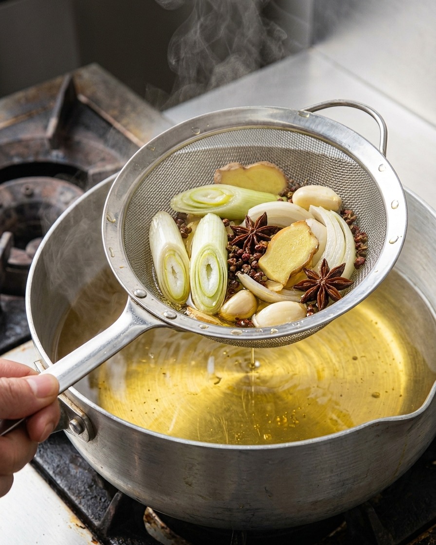 Mano sujetando un colador sobre una olla, filtrando cebolletas fritas, jengibre, ajo y anís de un aceite dorado.
