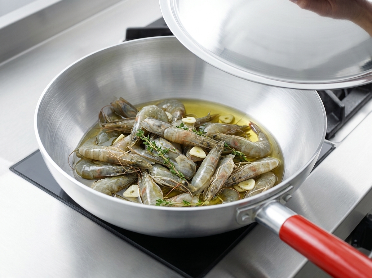 Gambas enteras crudas en una sartén metálica justo antes de empezar a freírse.