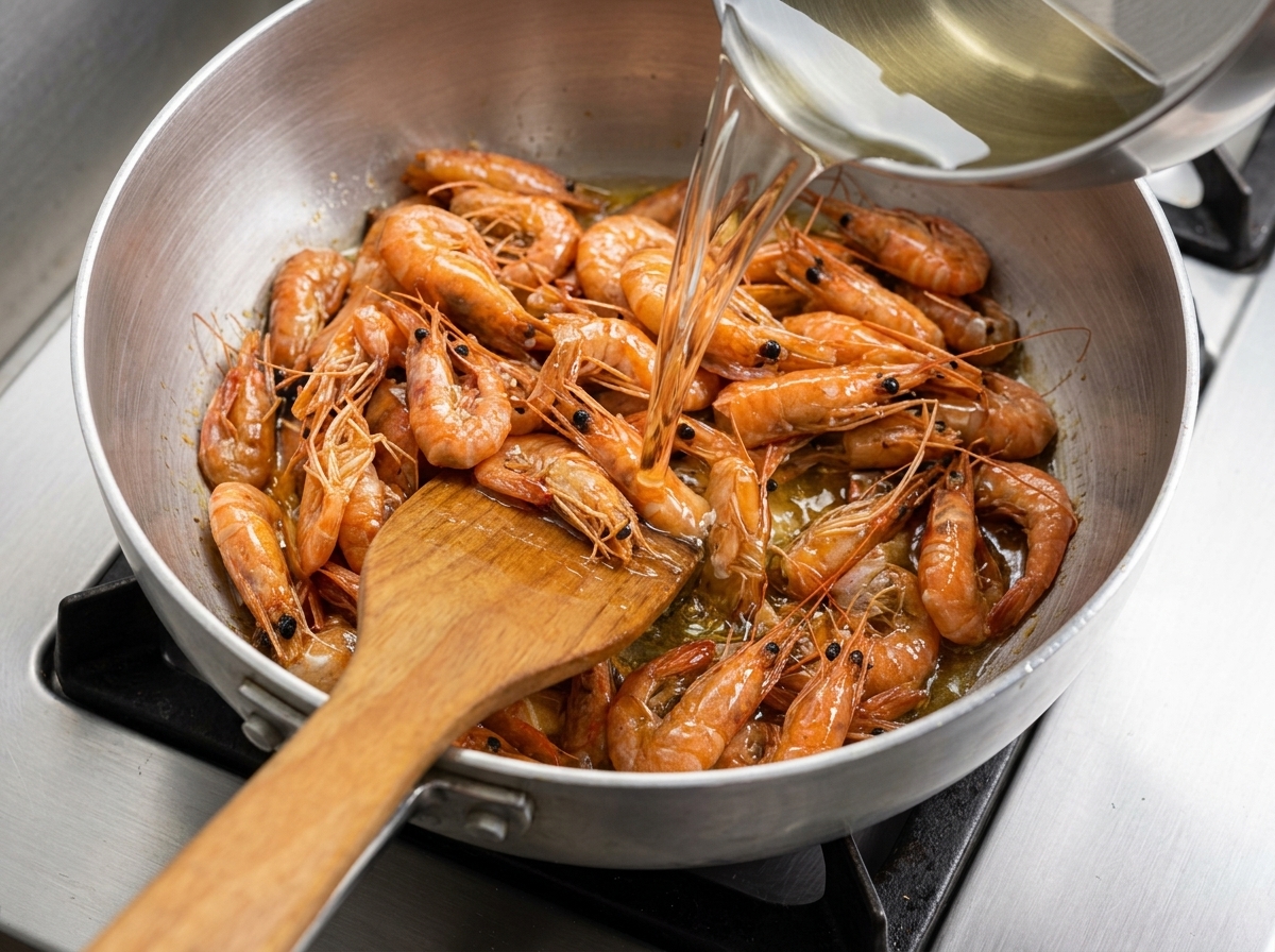 Aceite aromático vertiéndose sobre gambas cocinadas en una sartén mientras se remueve con una espátula de madera.