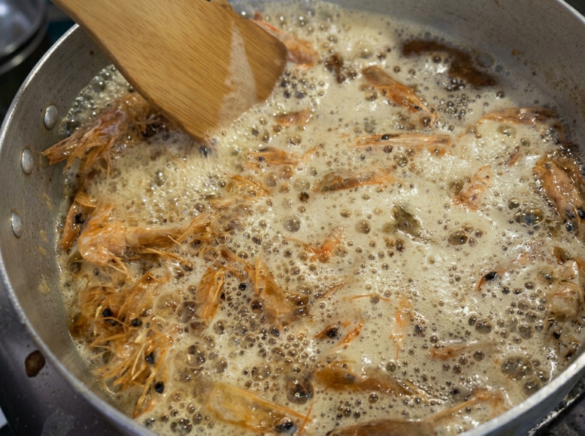 Cabezas de gamba friéndose en aceite burbujeante mientras se presionan con una espátula de madera.