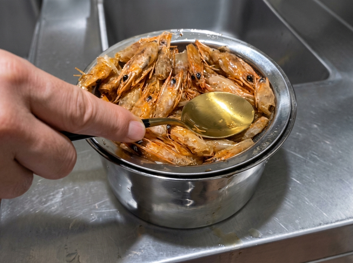 Mano presionando cabezas de gambas fritas contra un colador metálico para recoger aceite naranja en un cuenco.
