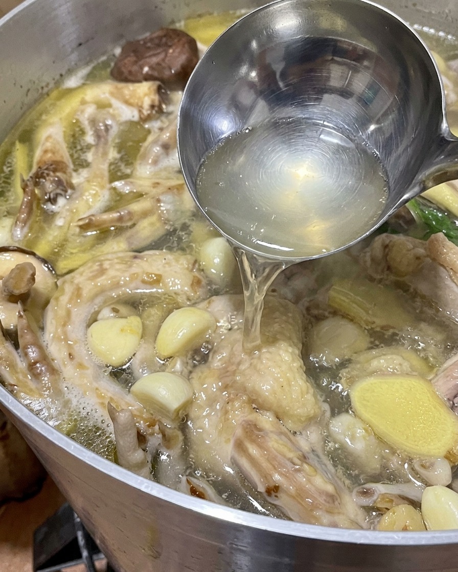 Cazo metálico recogiendo caldo caliente y claro de una olla con pollo, ajo y jengibre.