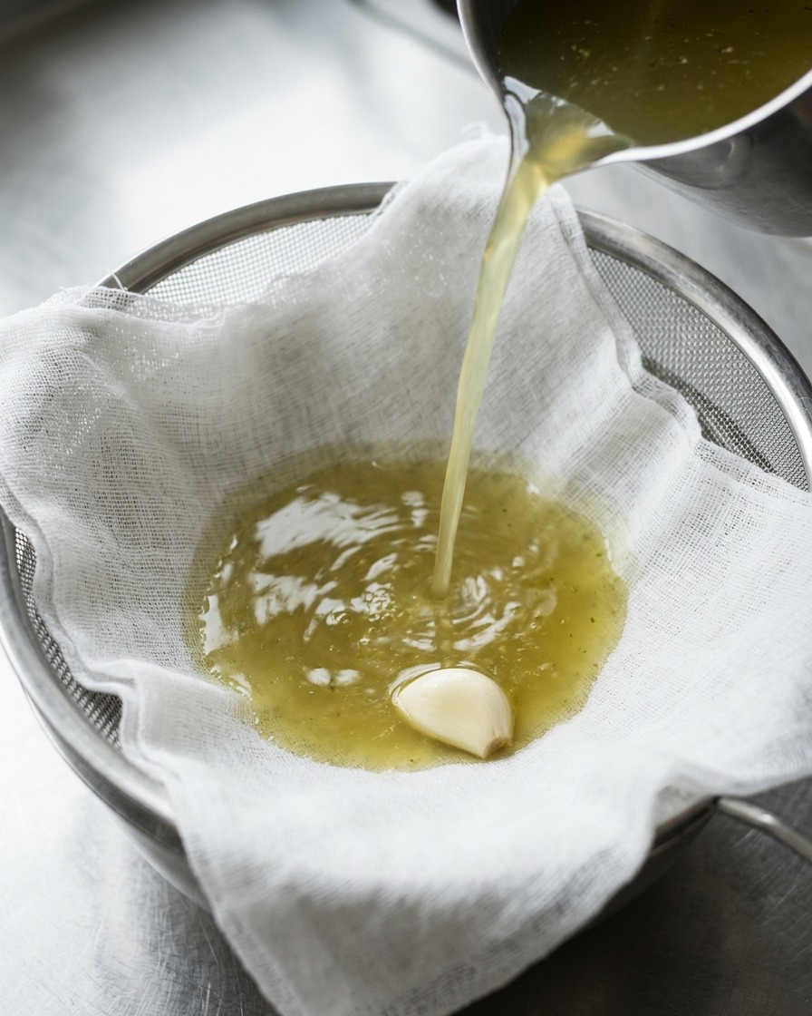 Caldo de huesos vertiéndose a través de una tela de quesero blanca y un colador hacia un recipiente.