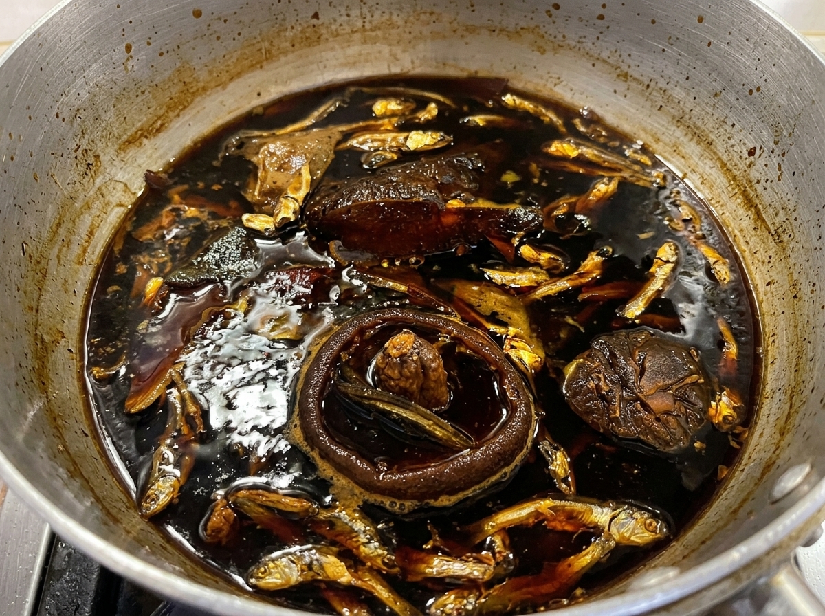 Tare de soja cocinando con pequeños pescados secos y setas shiitake flotando en la superficie.