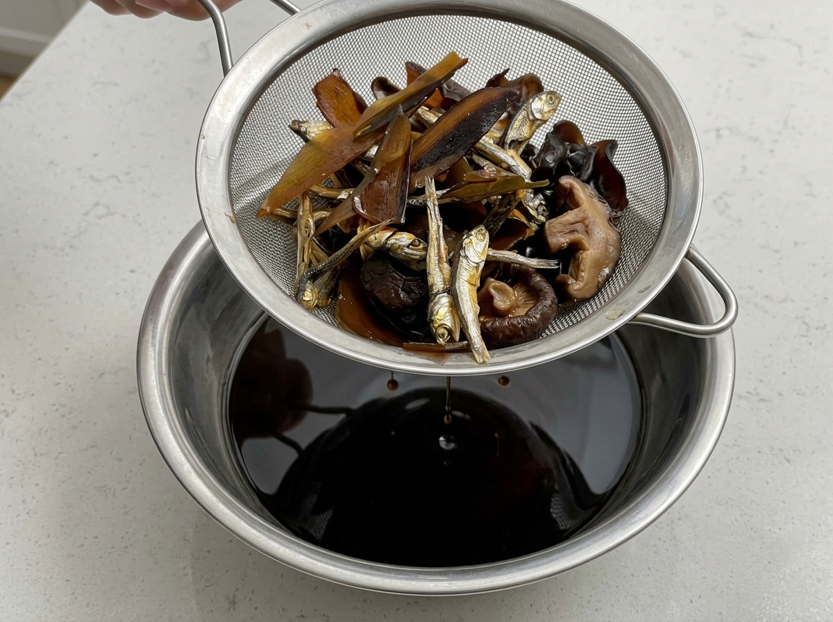 Colador con pescado seco y algas goteando un Shoyu tare oscuro en un cuenco metálico.