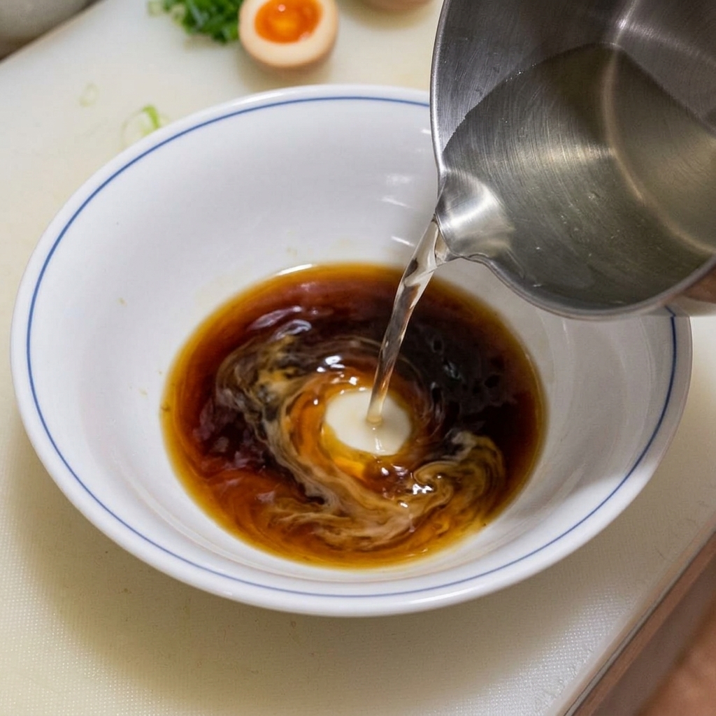 Caldo claro vertiéndose en un cuenco de cerámica blanca con el tare y los aceites aromáticos en el fondo.