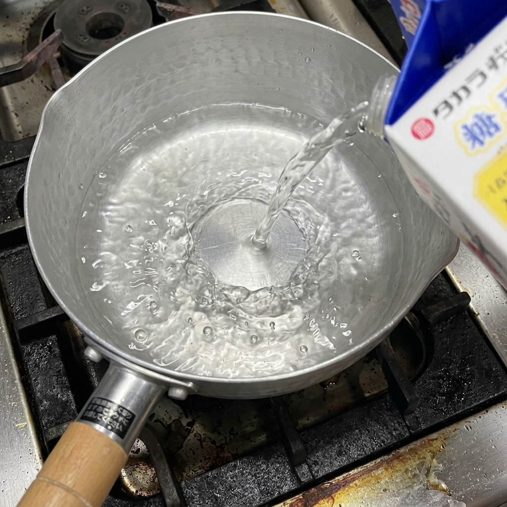Vertiendo salsa de soja blanca desde un envase a una pequeña olla metálica sobre el fuego.