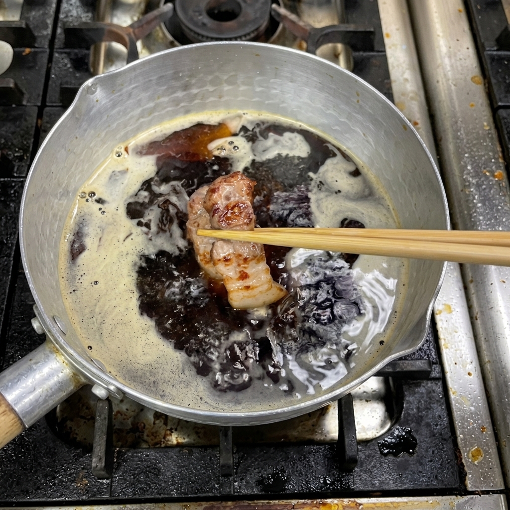 Unos palillos levantando un trozo dorado de panceta y sumergiéndolo en una olla con salsa de soja oscura.