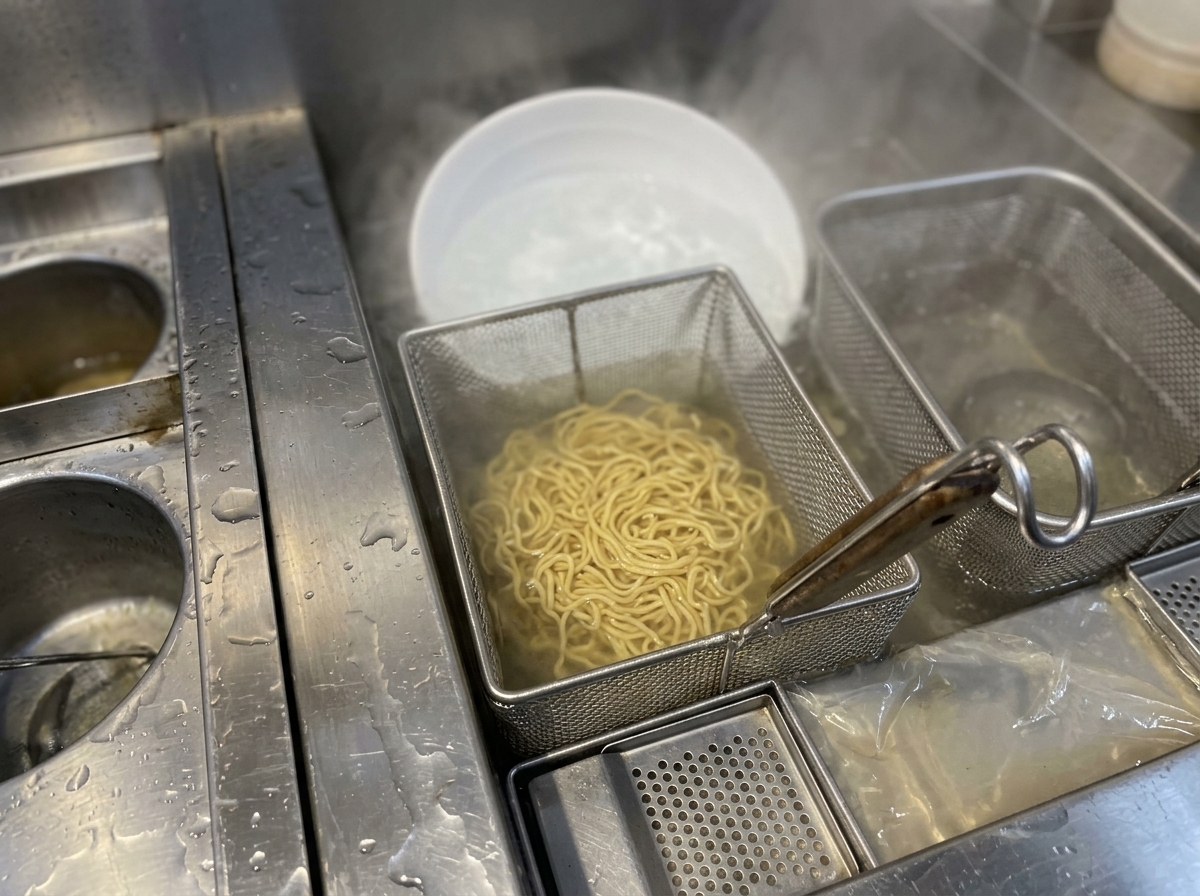 Fideos ramen amarillos gruesos hirviendo en una cesta de malla sumergida en agua caliente.