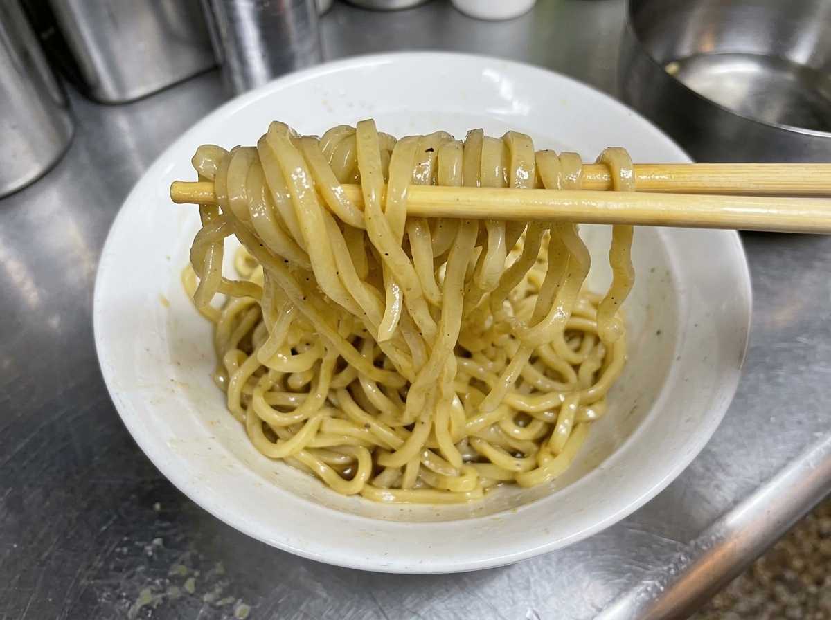 Palillos mezclando fideos gruesos en un bol blanco, cubriéndolos uniformemente con la salsa oscura.