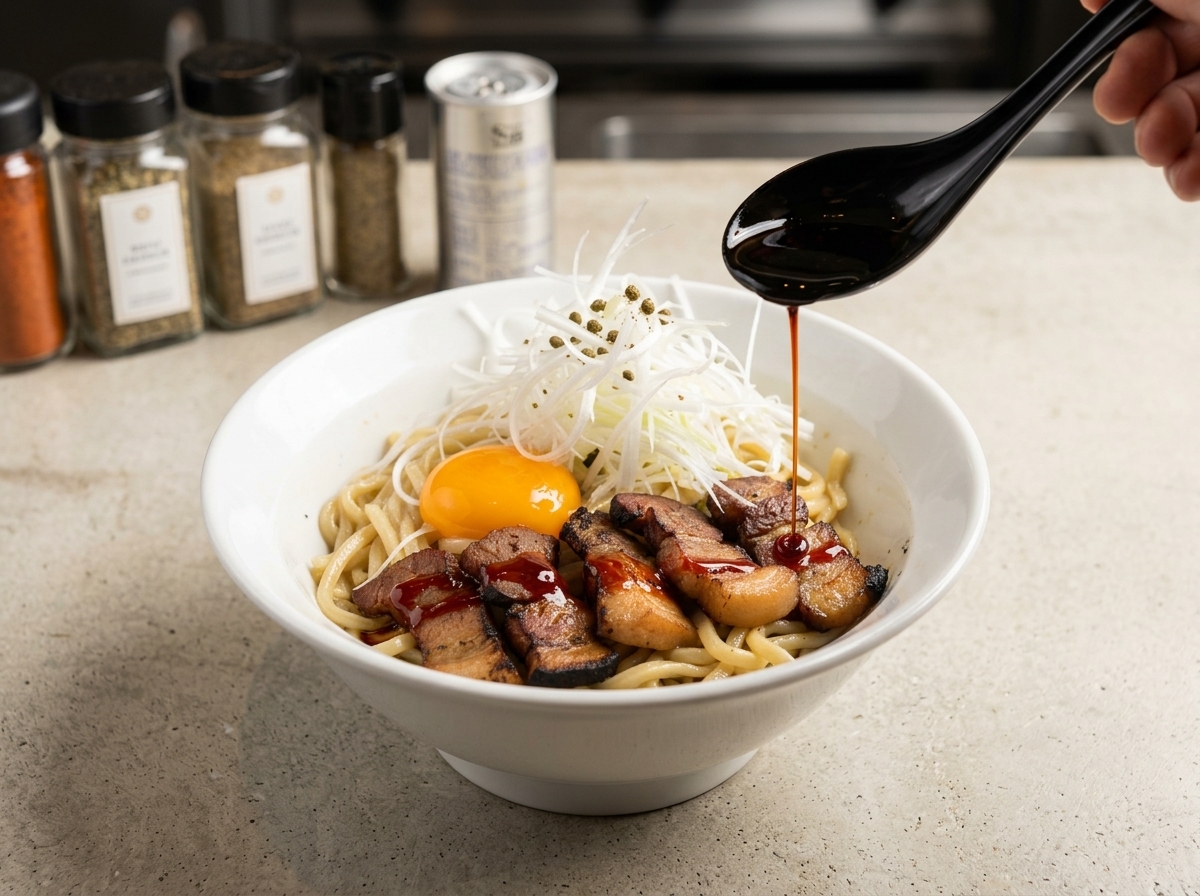 Una cuchara negra vertiendo líquido oscuro sobre un bol de Abura Soba con panceta, yema de huevo y cebolleta.